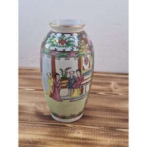 Chinese Red Dragon Stamp Family Rose Porcelain Vase Vtg 6" X 3" Floral Bird Deco